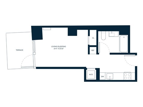 Floor plan for studio, 1 bath, 358 sqft
